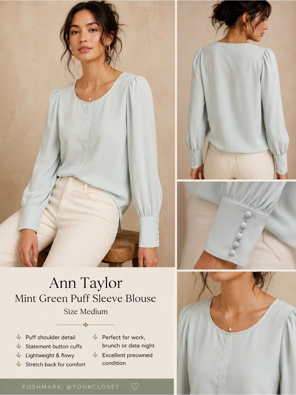 Ann Taylor Mint Green Puff Sleeve Blouse Size Medium
